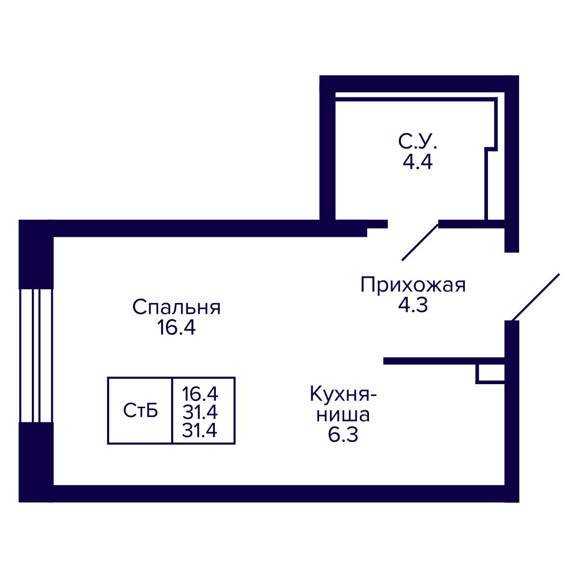 Студия, 31.37 м², № 72 в Сподвижники
