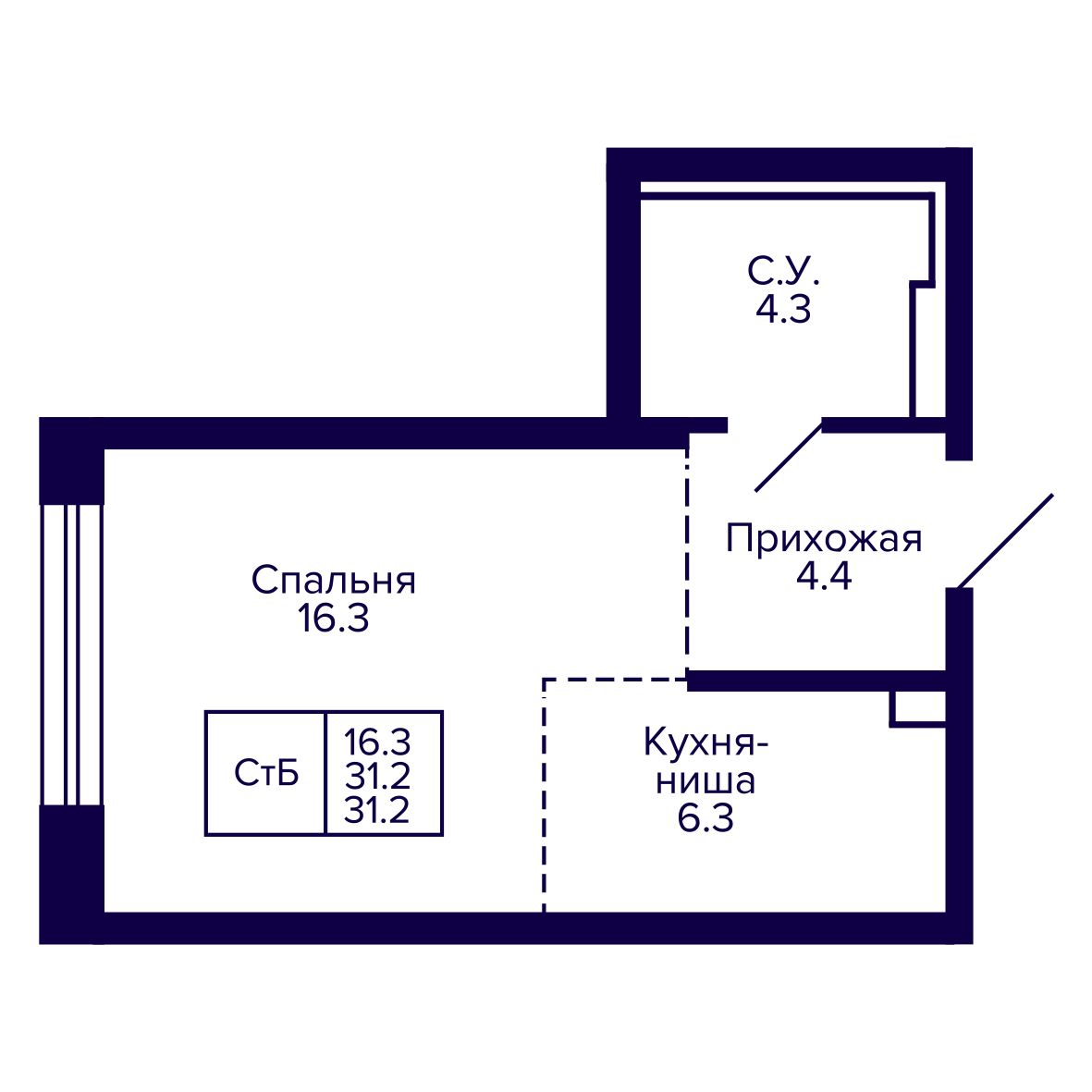 Студия, 31.21 м², № 212 в Сподвижники