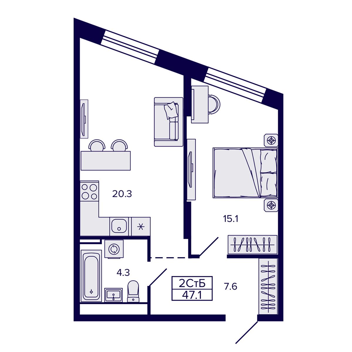 2-комнатная, 47.13 м², № 206 в Сподвижники