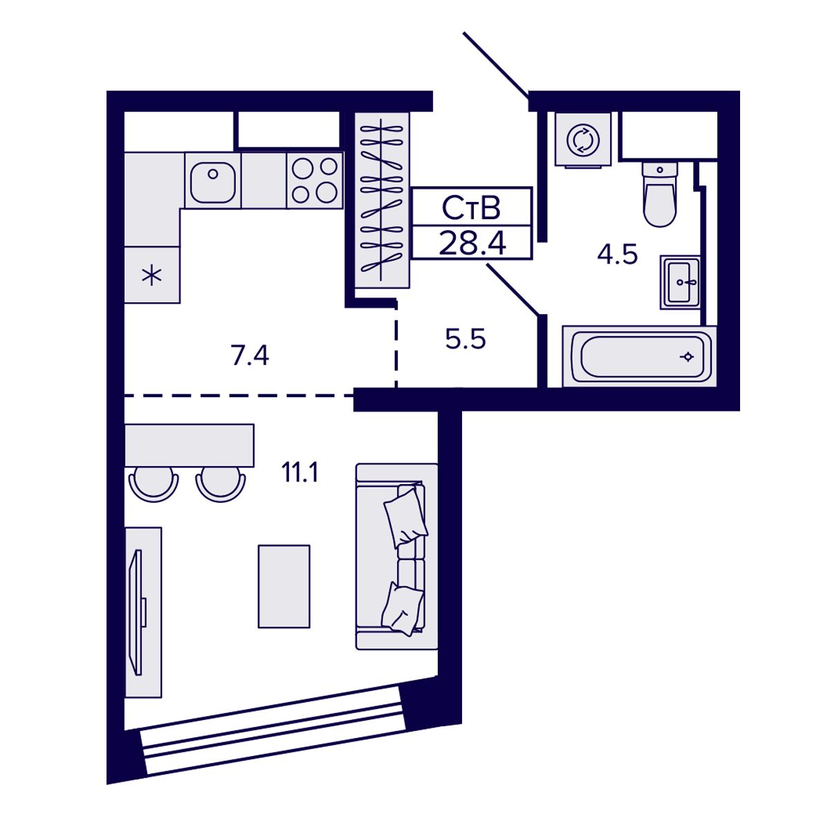 Студия, 28.42 м², № 210 в Сподвижники