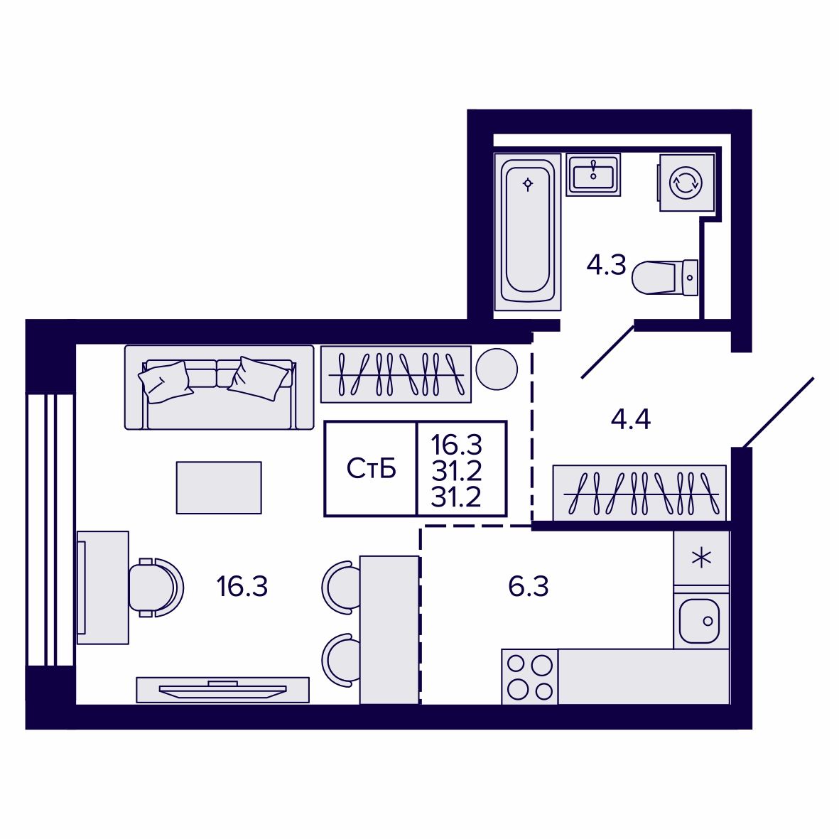 Студия, 31.21 м², № 212 в Сподвижники