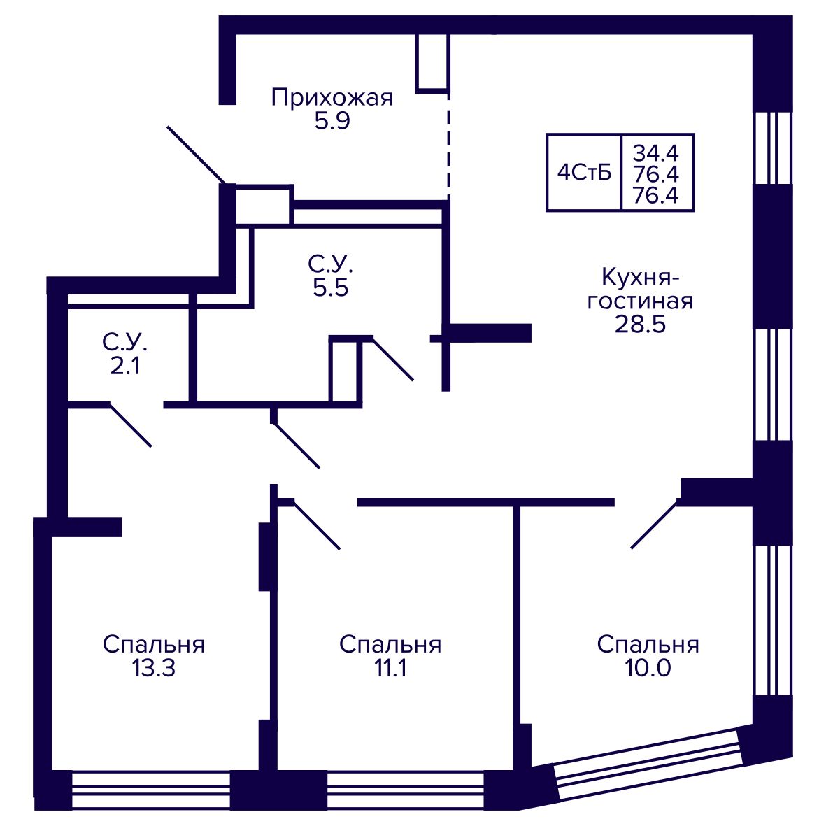 4-комнатная, 76.37 м², № 258 в Сподвижники