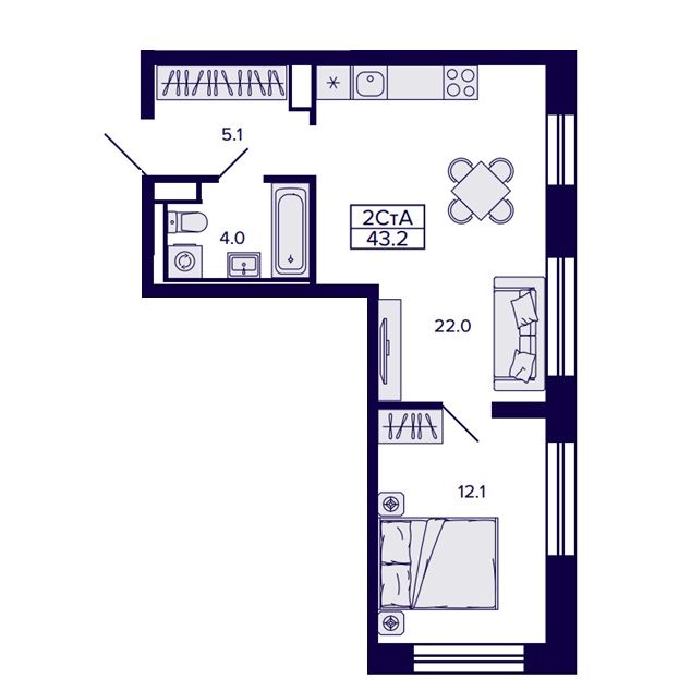 2-комнатная, 43.2 м², № 68 в Сподвижники