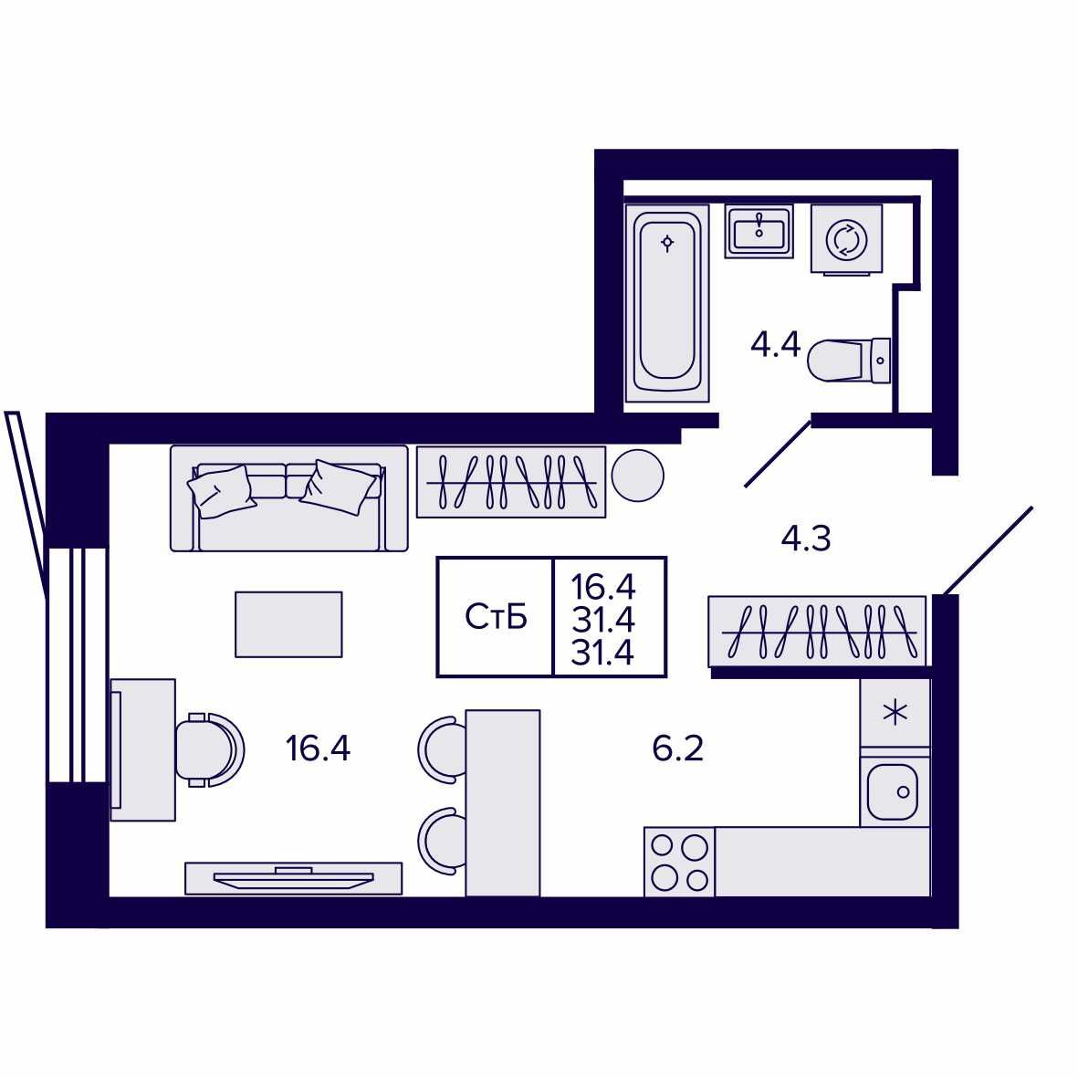 Студия, 31.36 м², № 42 в Сподвижники