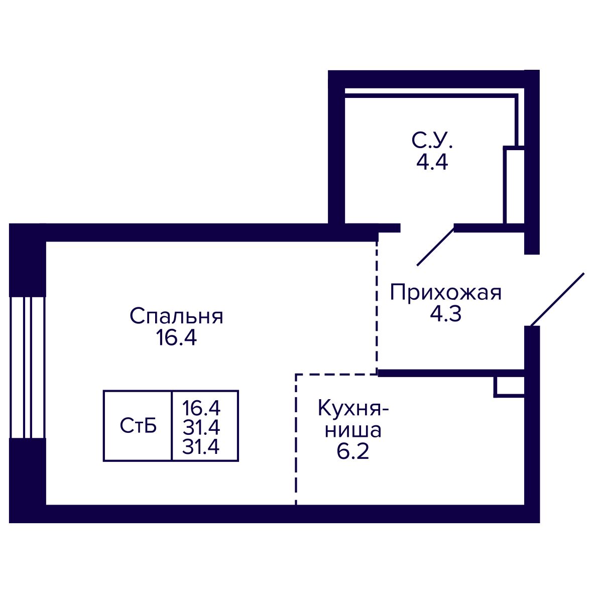 Студия, 31.36 м², № 102 в Сподвижники