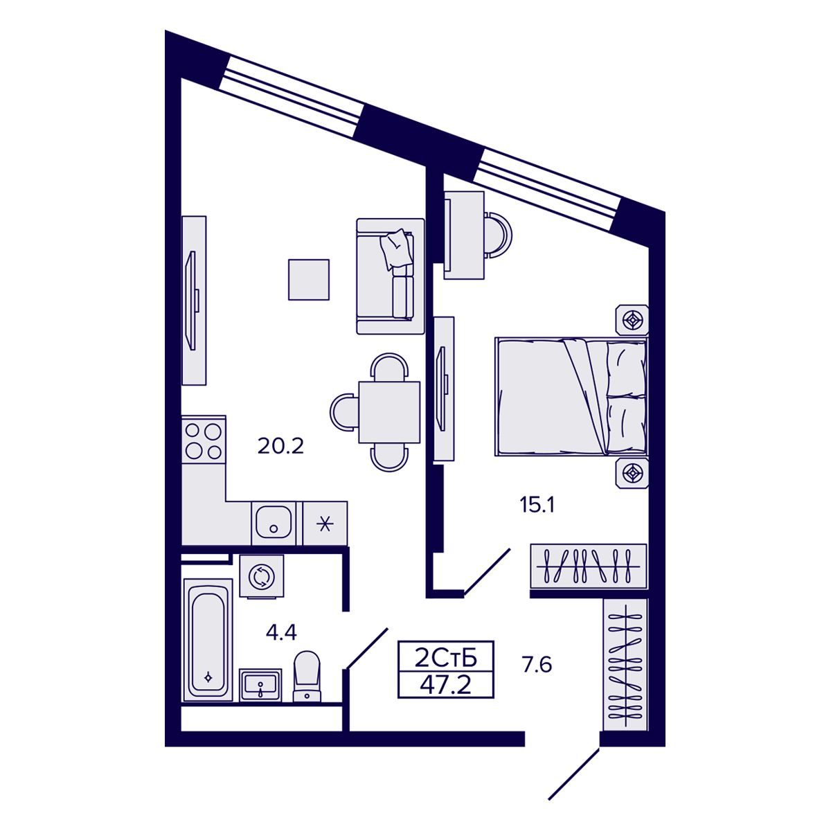 2-комнатная, 47.24 м², № 26 в Сподвижники