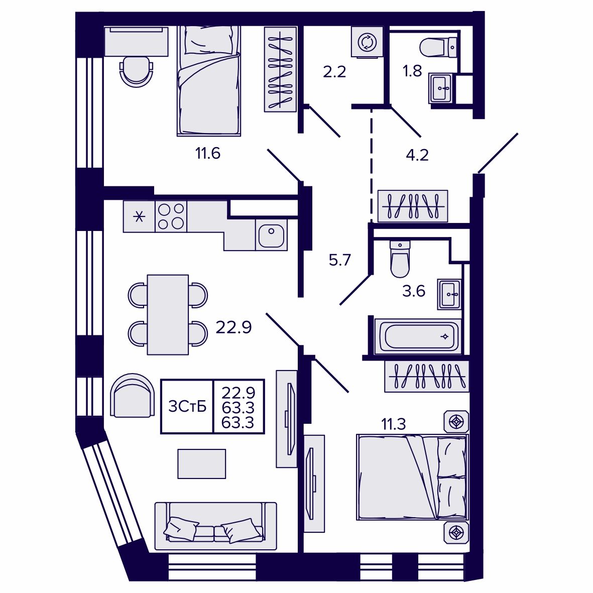 3-комнатная, 63.31 м², № 191 в Сподвижники