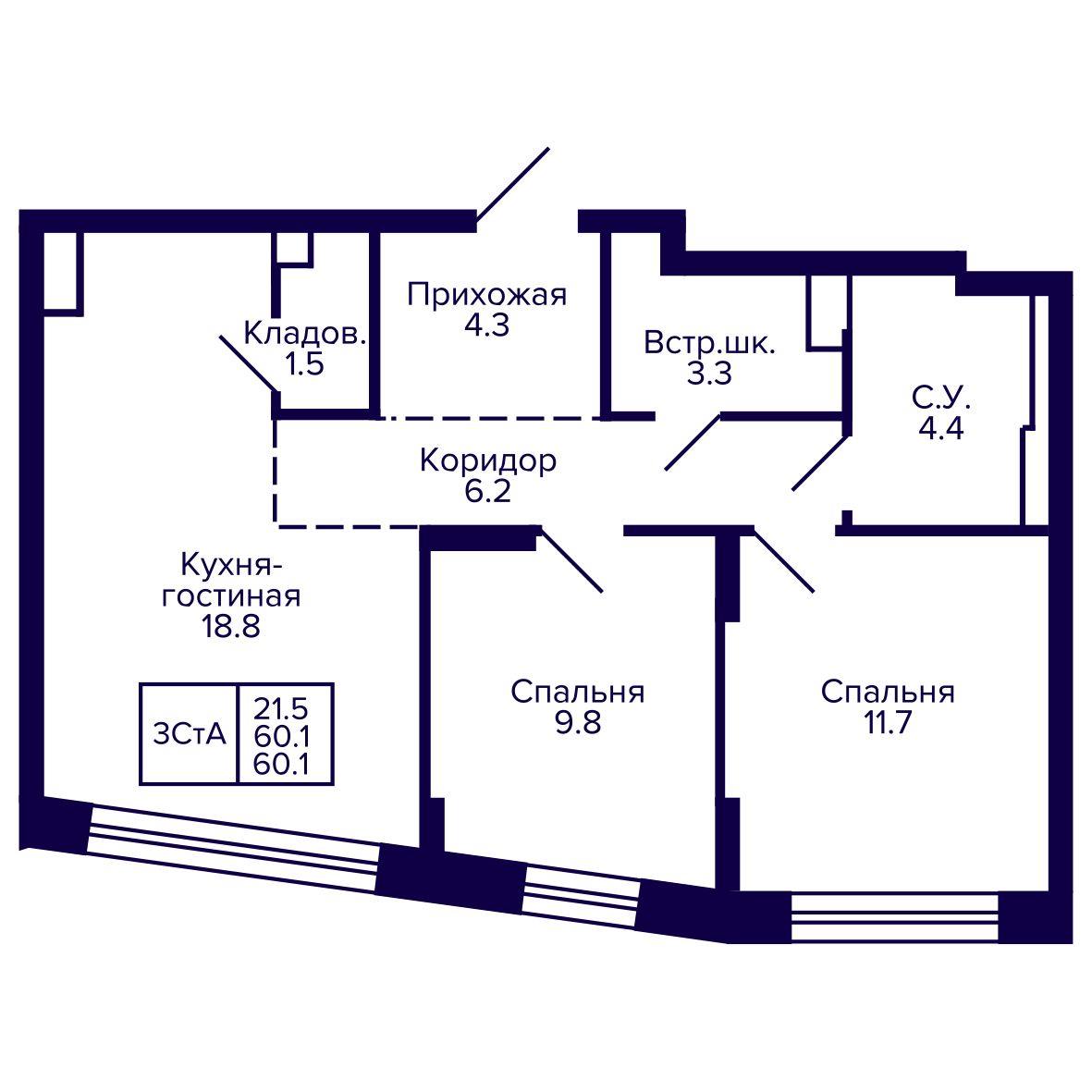 3-комнатная, 60.08 м², № 119 в Сподвижники