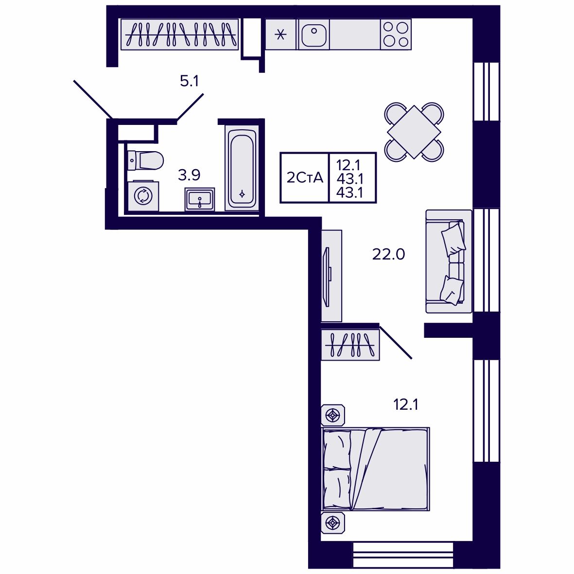 2-комнатная, 43.13 м², № 38 в Сподвижники