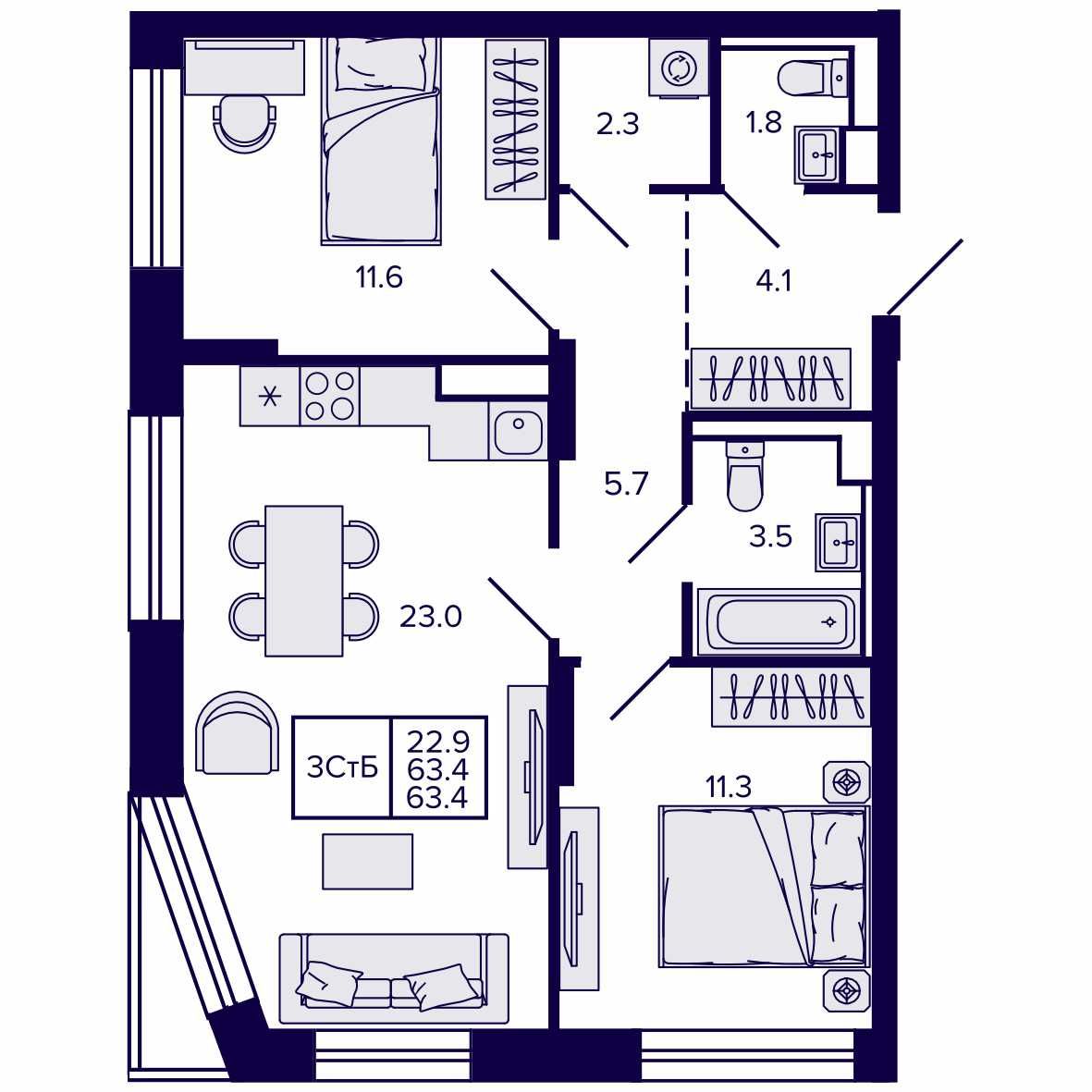 3-комнатная, 63.39 м², № 141 в Сподвижники