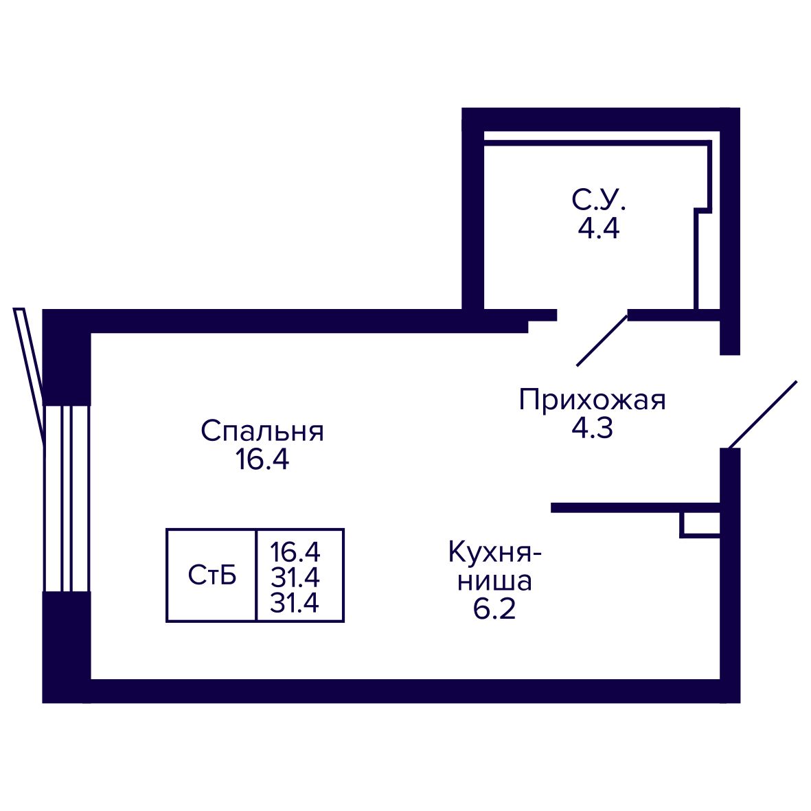 Студия, 31.36 м², № 22 в Сподвижники