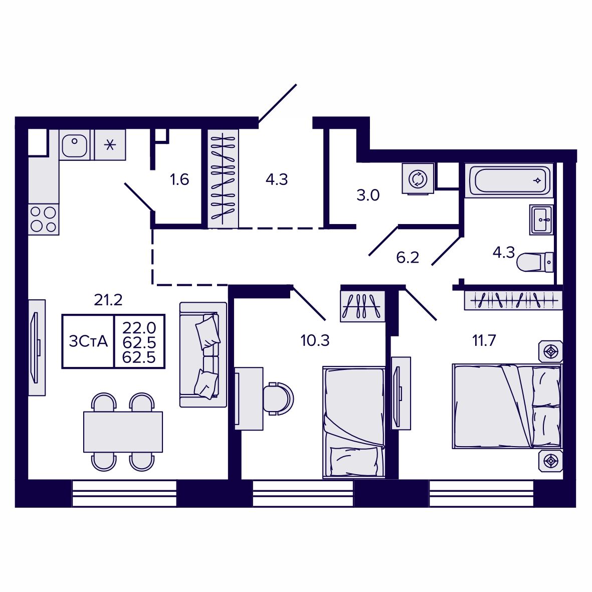 3-комнатная, 62.46 м², № 29 в Сподвижники