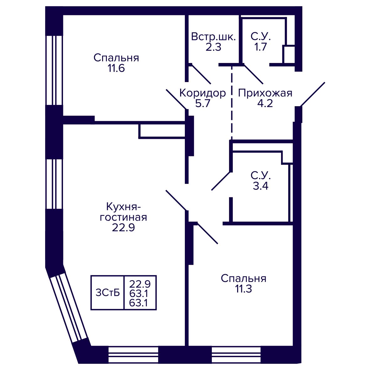 3-комнатная, 63.09 м², № 201 в Сподвижники