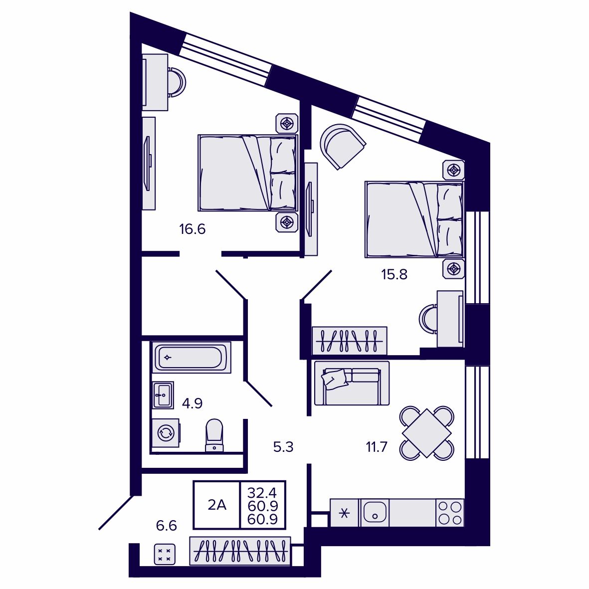 2-комнатная, 60.89 м², № 37 в Сподвижники