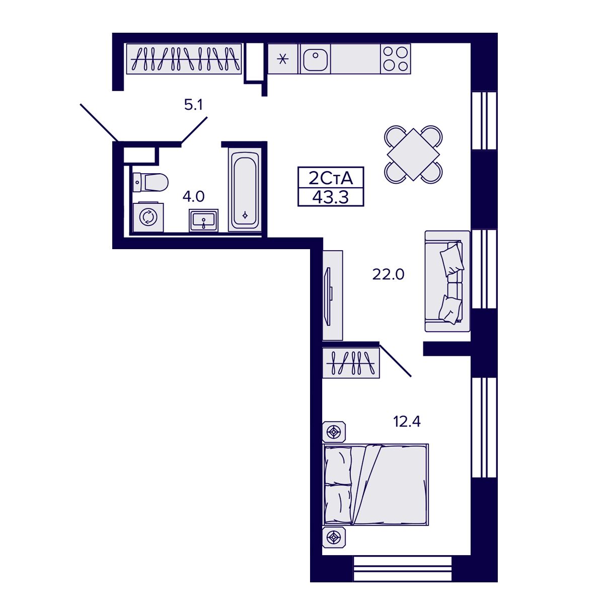 2-комнатная, 43.29 м², № 28 в Сподвижники