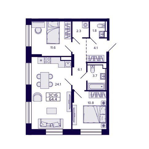 3-комнатная, 64.46 м², № 101 в Сподвижники