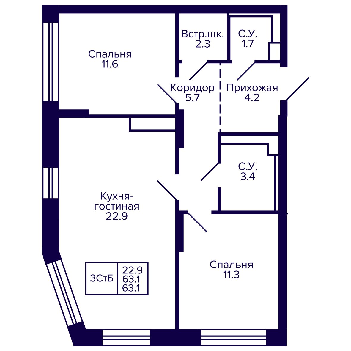 3-комнатная, 63.07 м², № 211 в Сподвижники