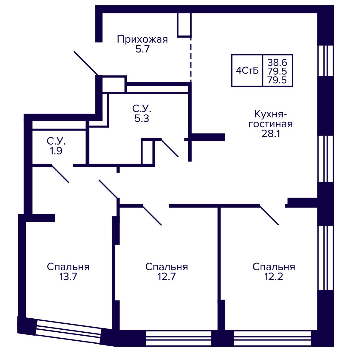 4-комнатная, 79.55 м², № 208 в Сподвижники