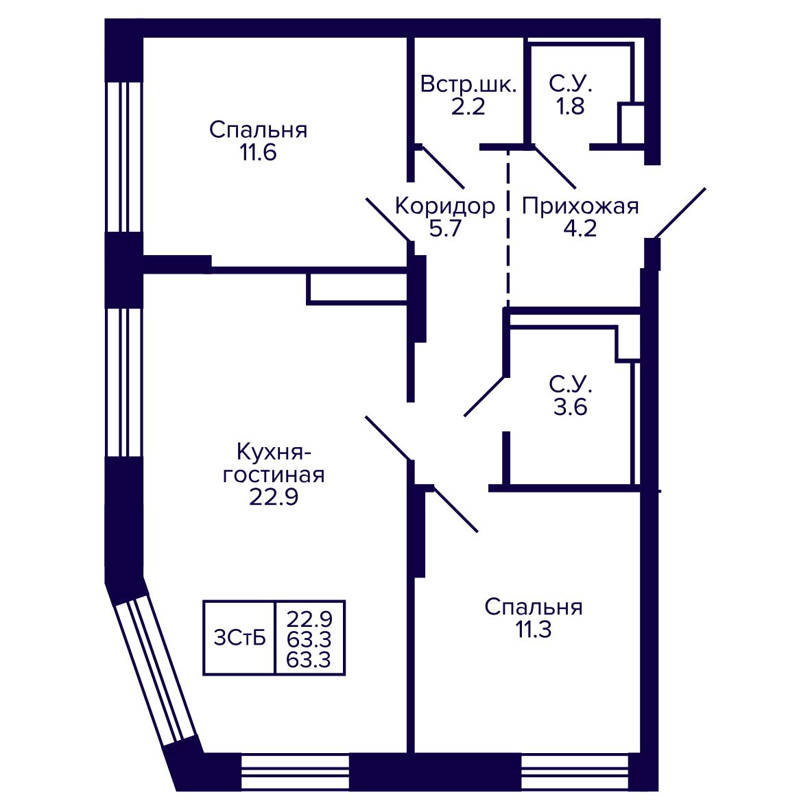 3-комнатная, 63.31 м², № 191 в Сподвижники