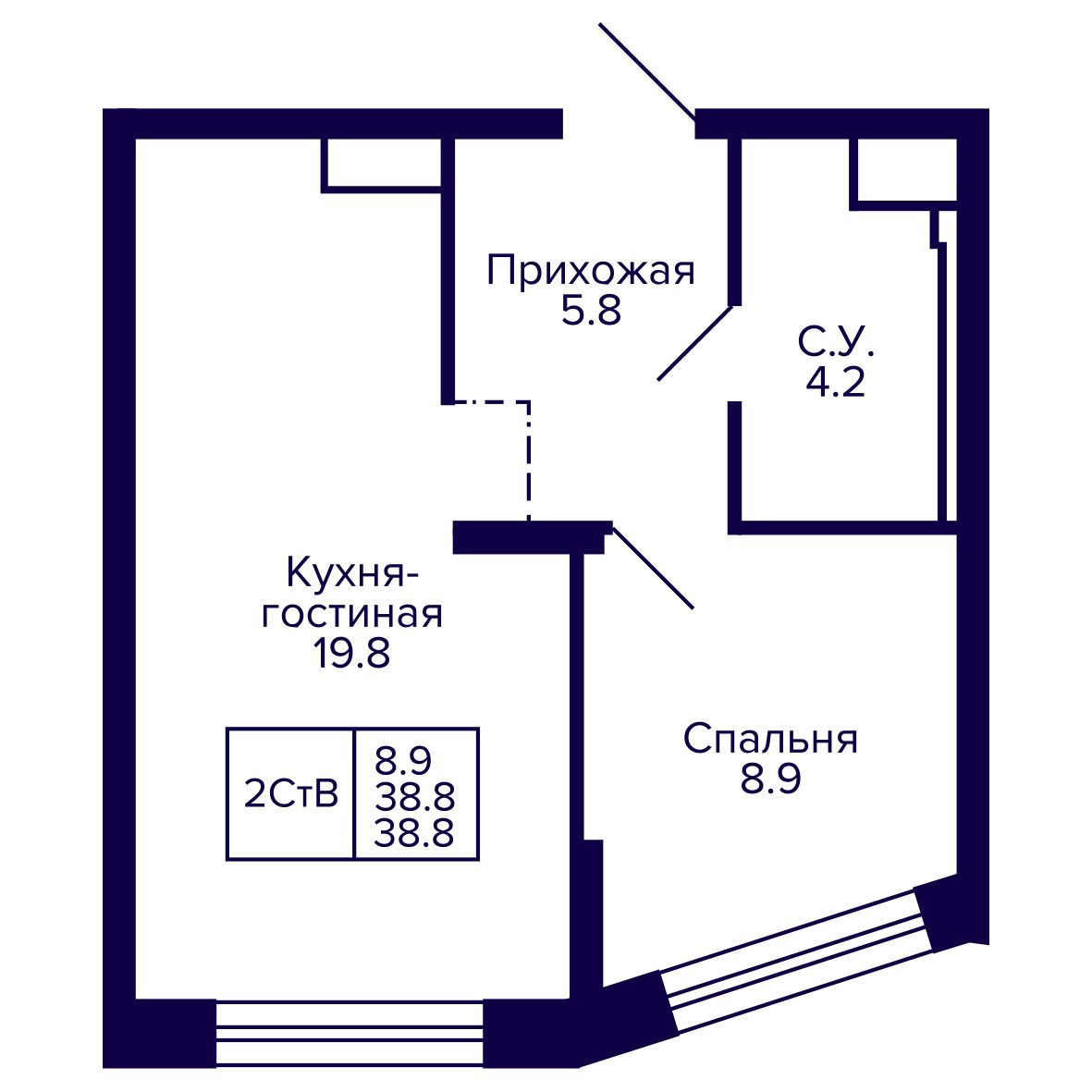 2-комнатная, 38.77 м², № 100 в Сподвижники