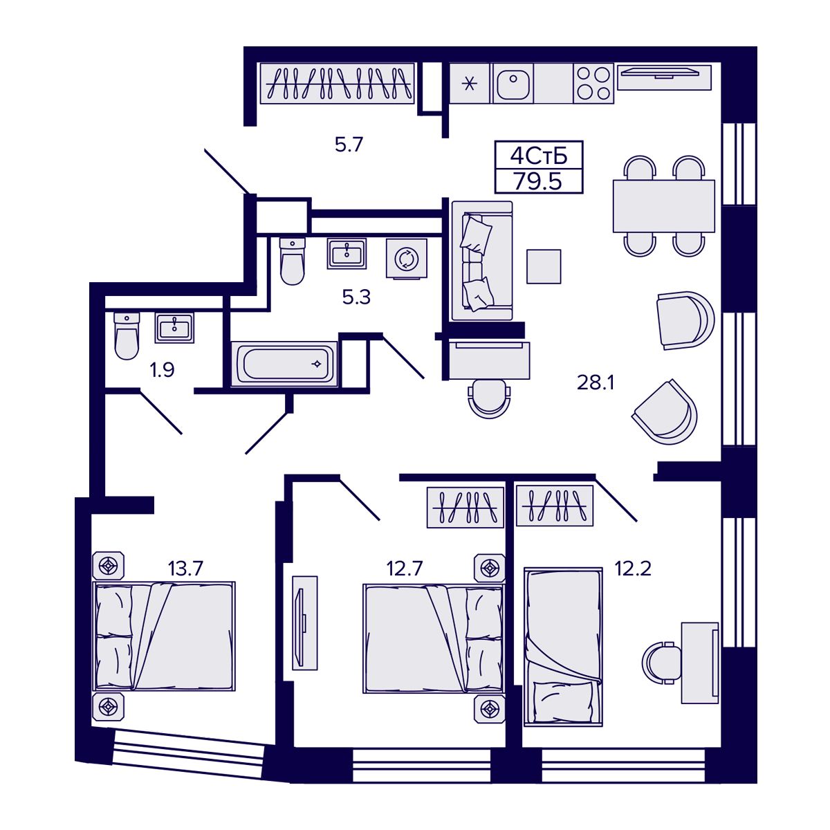 4-комнатная, 79.55 м², № 208 в Сподвижники