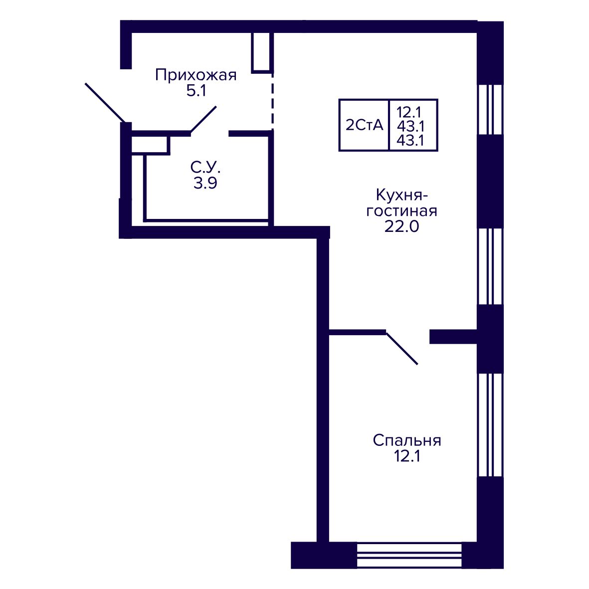 2-комнатная, 43.13 м², № 38 в Сподвижники