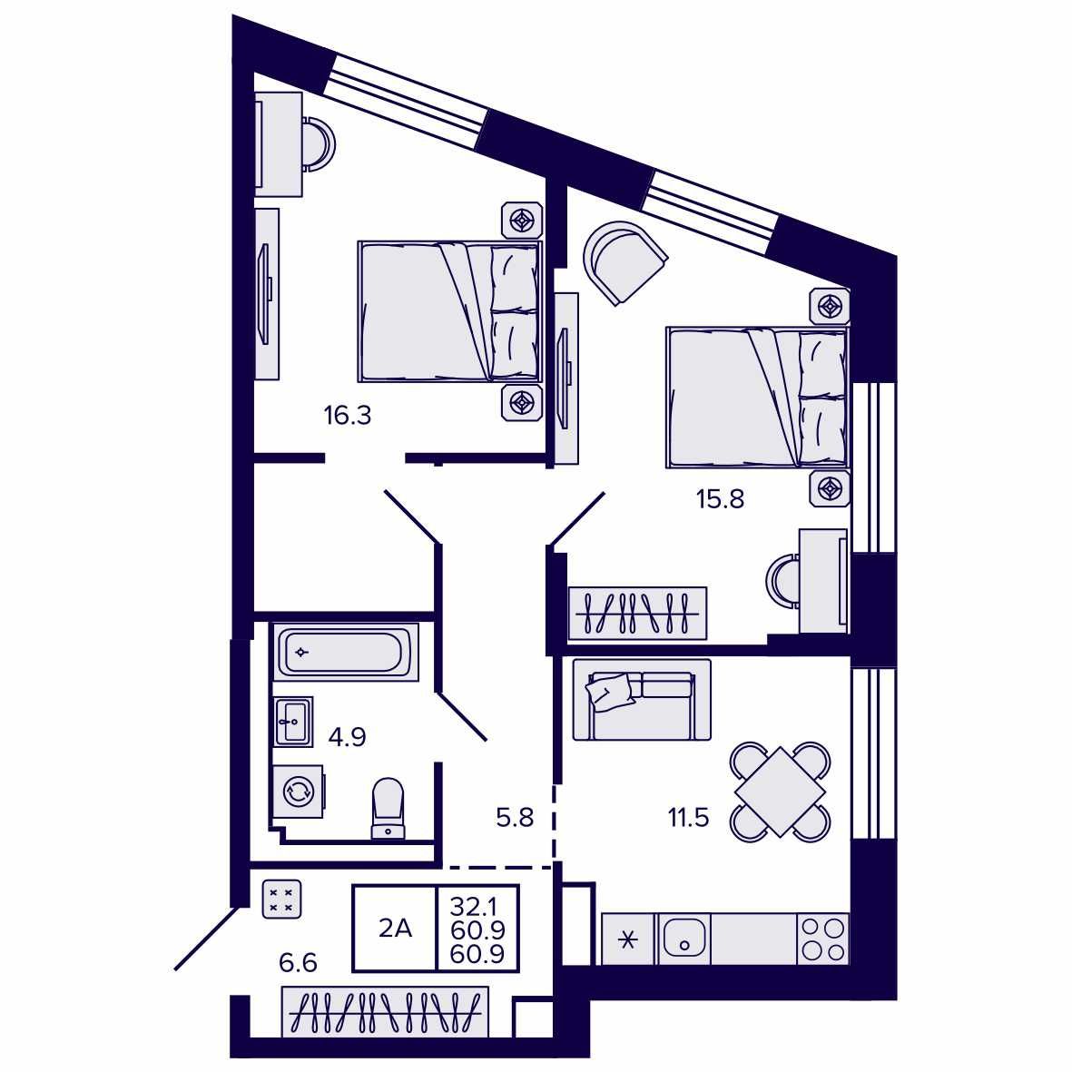 2-комнатная, 60.86 м², № 237 в Сподвижники