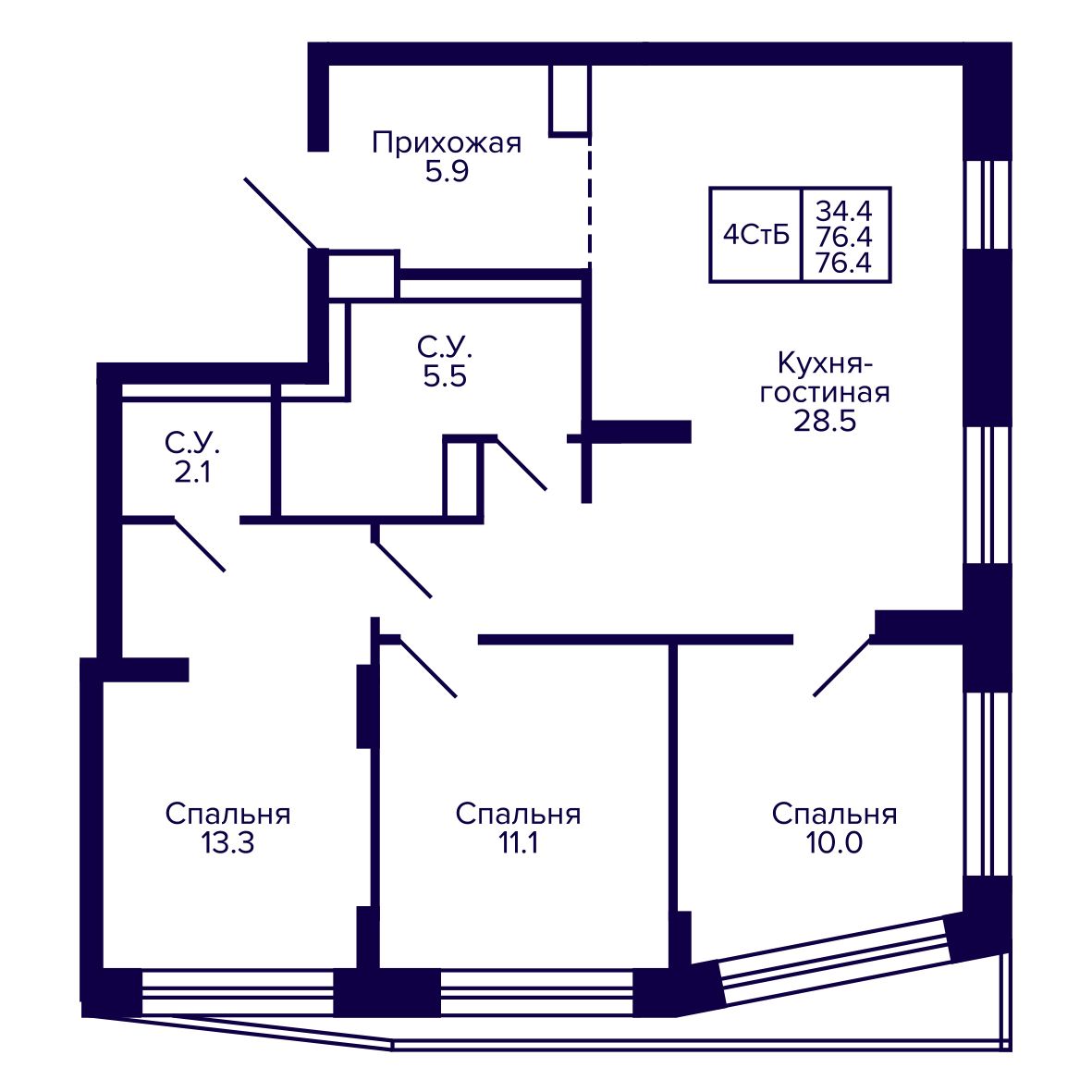 4-комнатная, 76.37 м², № 248 в Сподвижники