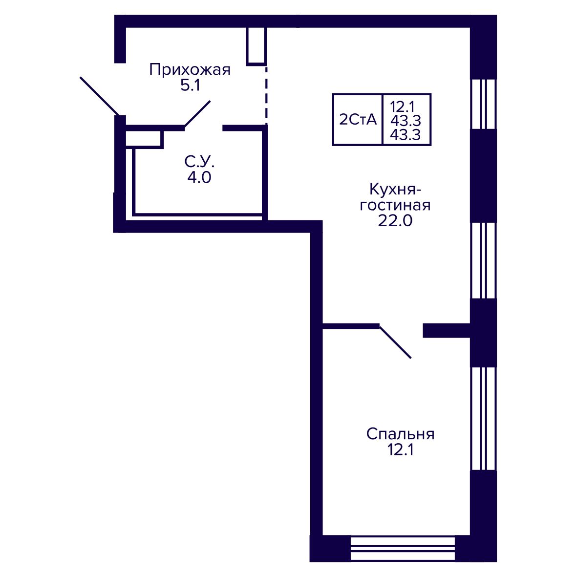 2-комнатная, 43.29 м², № 28 в Сподвижники