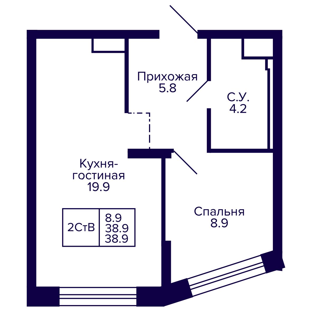 2-комнатная, 38.86 м², № 120 в Сподвижники
