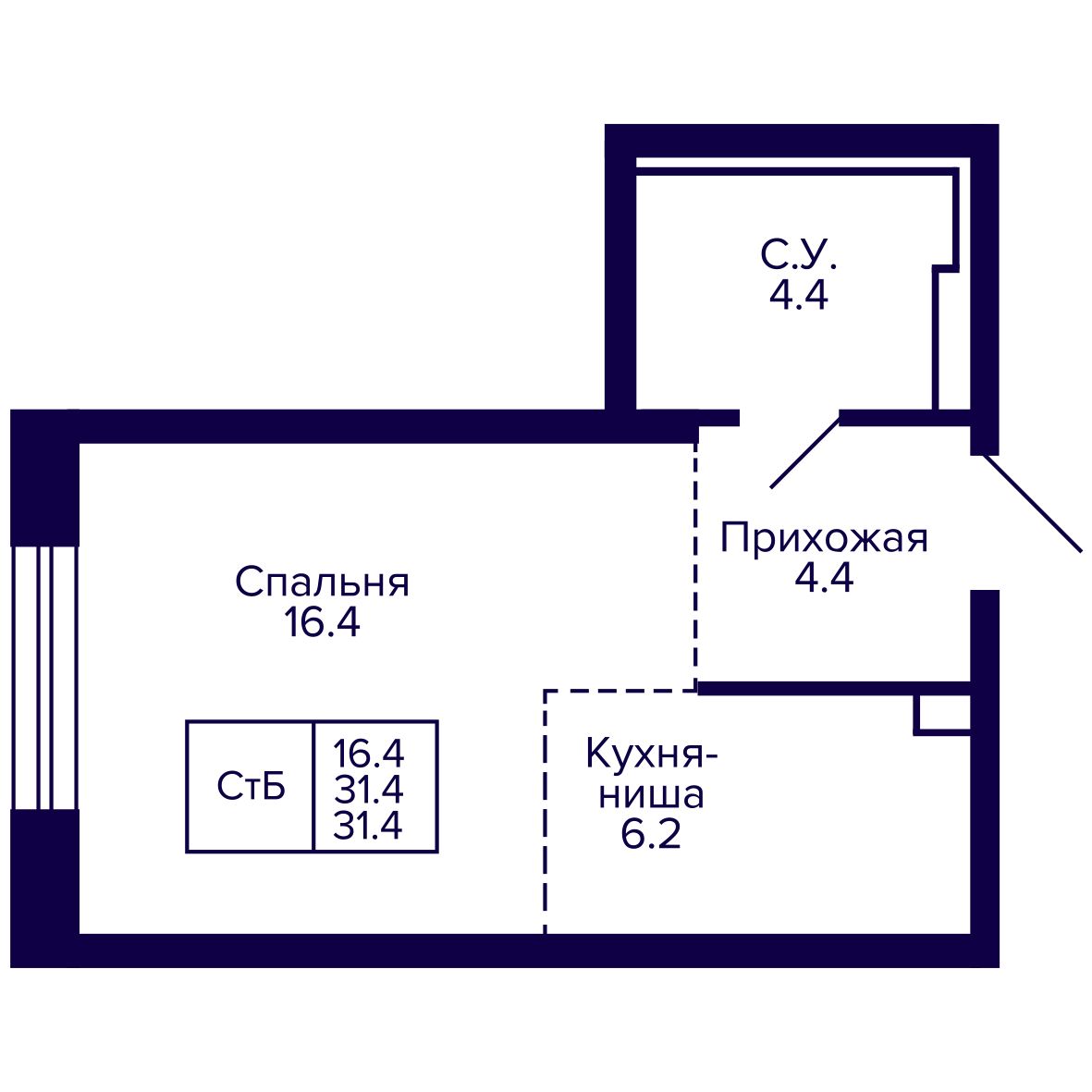 Студия, 31.36 м², № 132 в Сподвижники