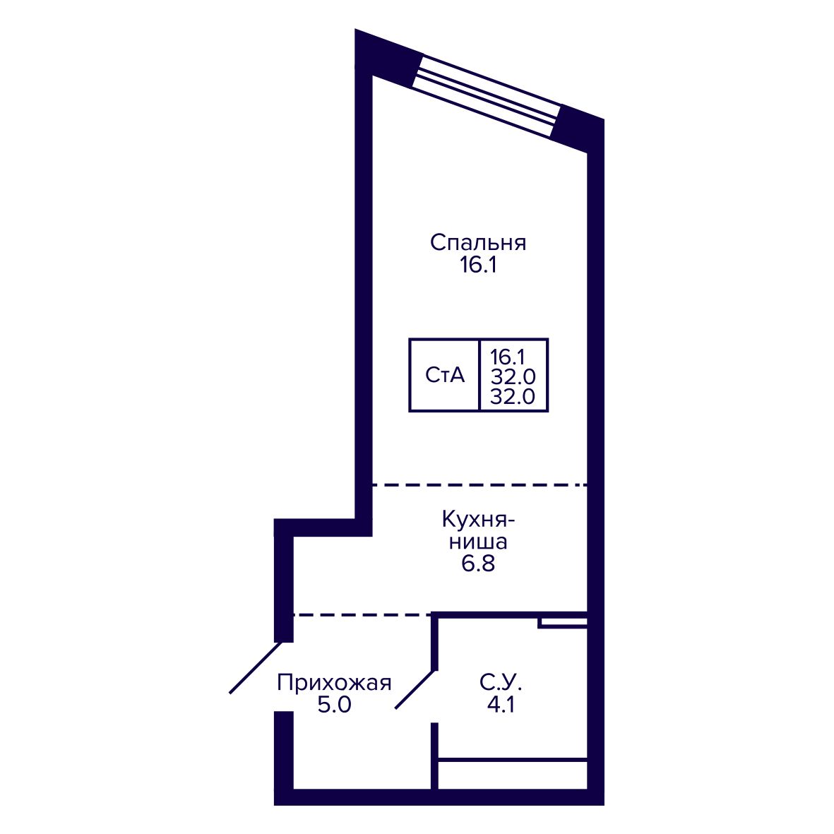 Студия, 32.02 м², № 195 в Сподвижники