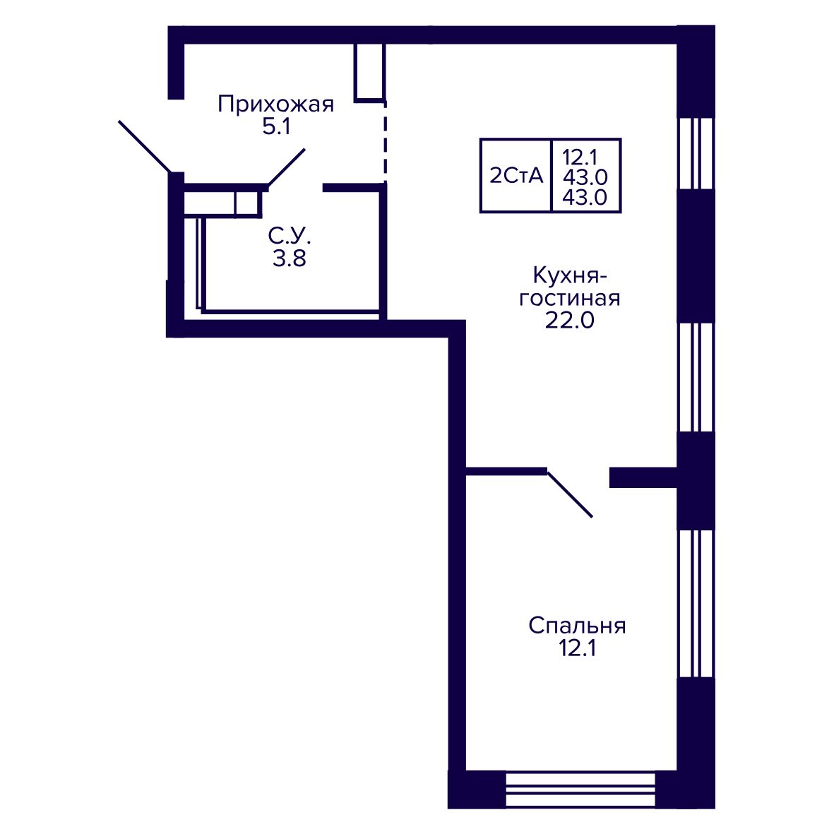 2-комнатная, 42.98 м², № 58 в Сподвижники