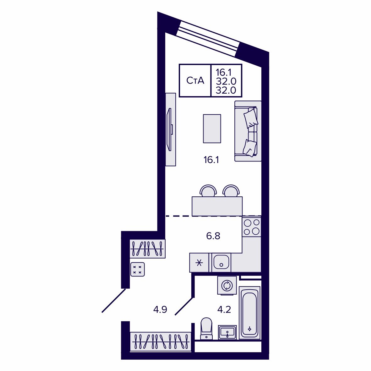 Студия, 31.96 м², № 35 в Сподвижники