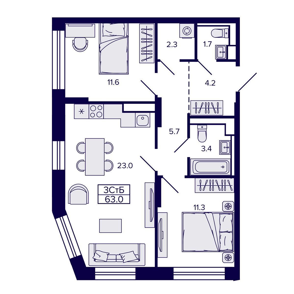 3-комнатная, 63.07 м², № 211 в Сподвижники