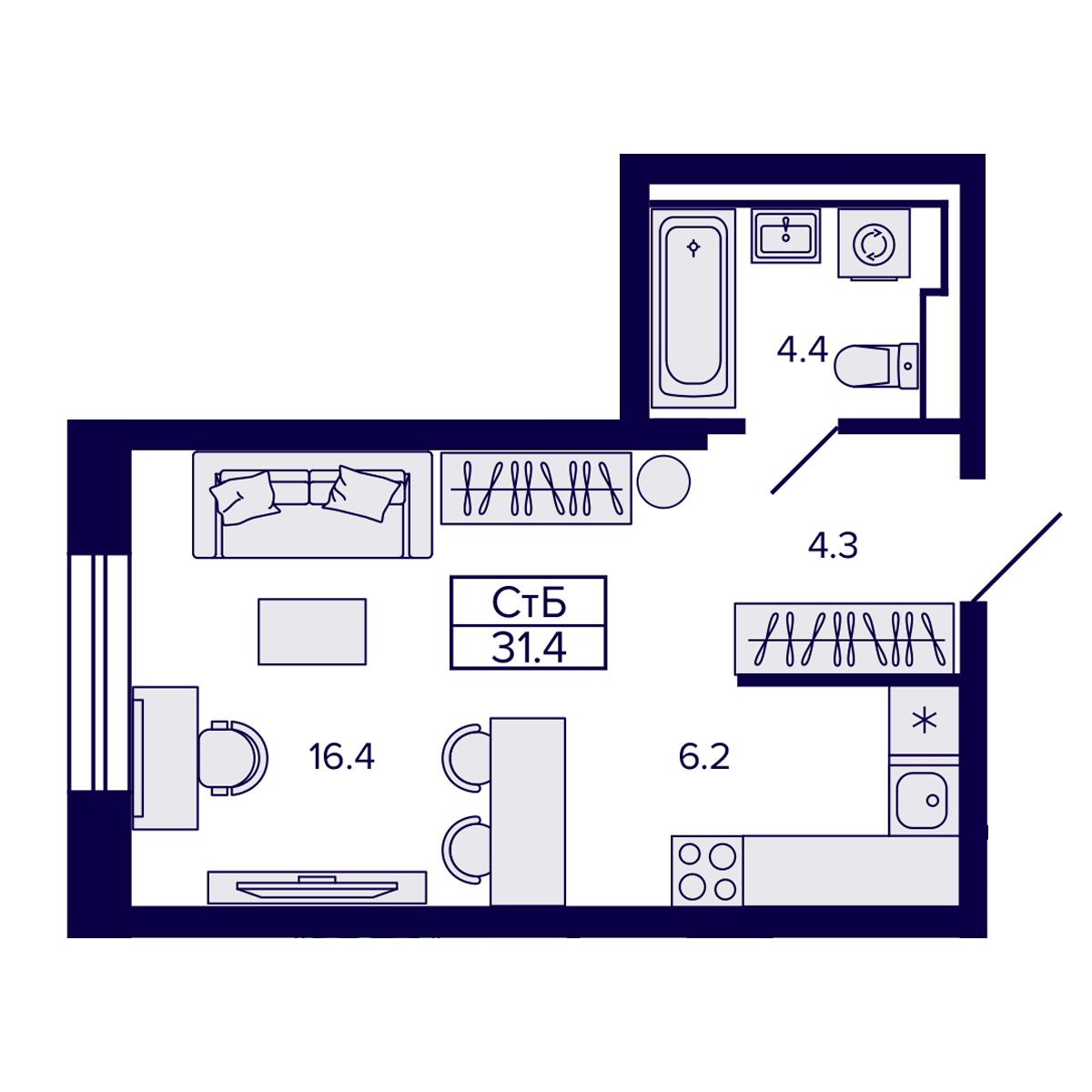 Студия, 31.36 м², № 32 в Сподвижники