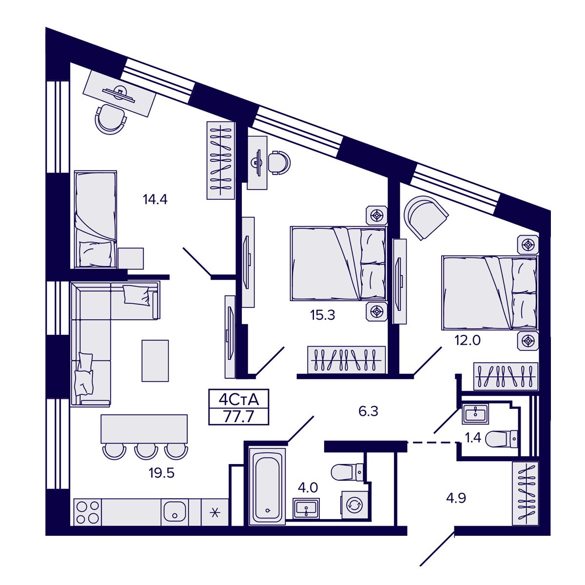 4-комнатная, 77.76 м², № 204 в Сподвижники