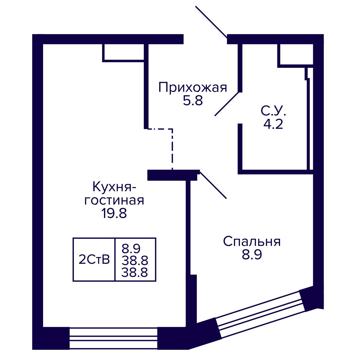 2-комнатная, 38.77 м², № 130 в Сподвижники