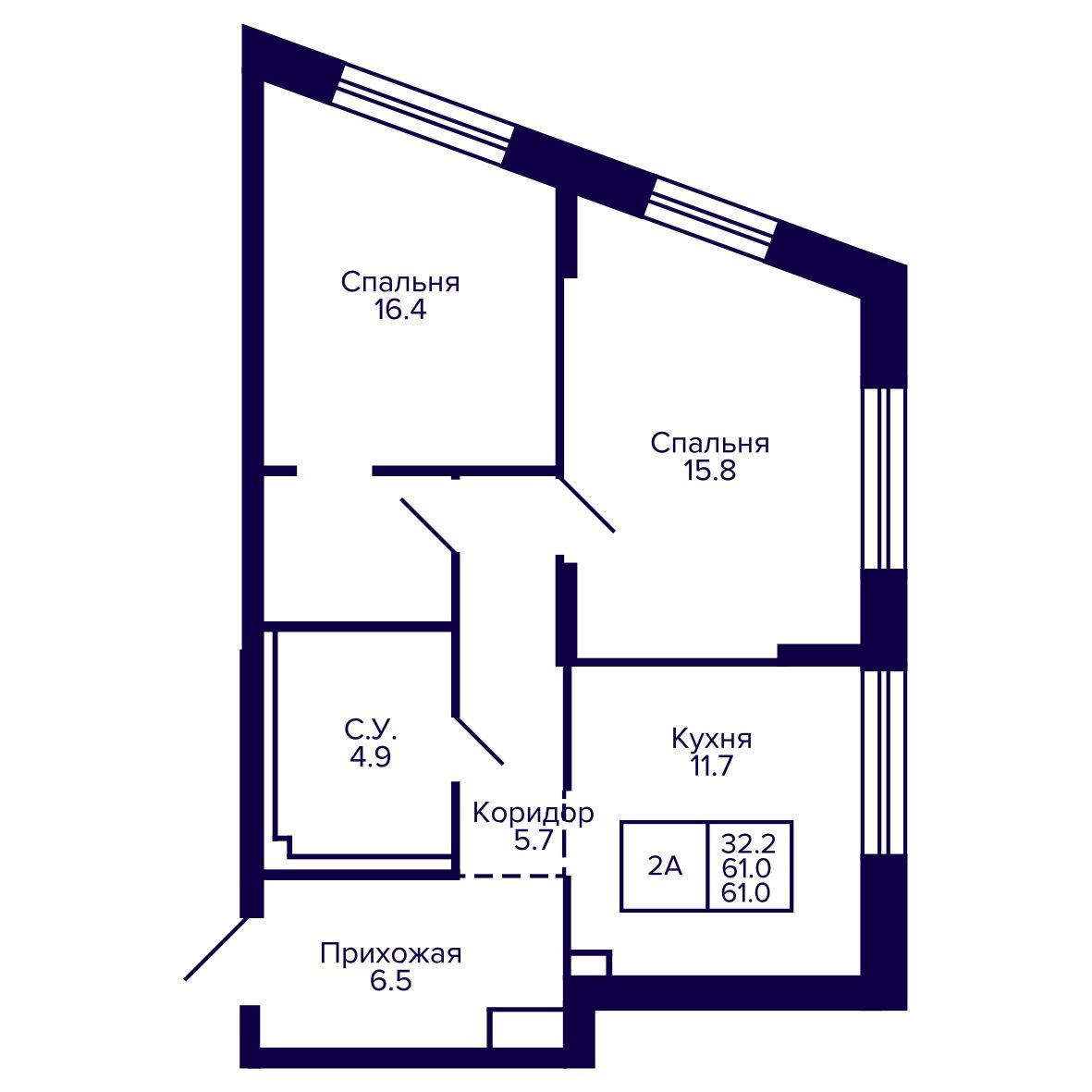 2-комнатная, 61.02 м², № 127 в Сподвижники