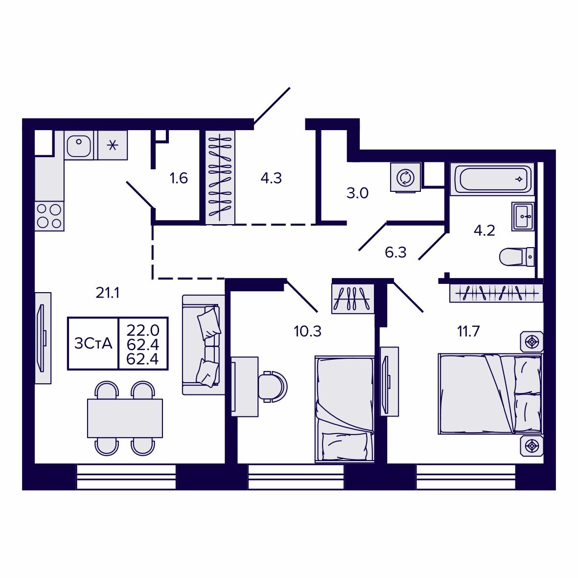 3-комнатная, 62.36 м², № 39 в Сподвижники
