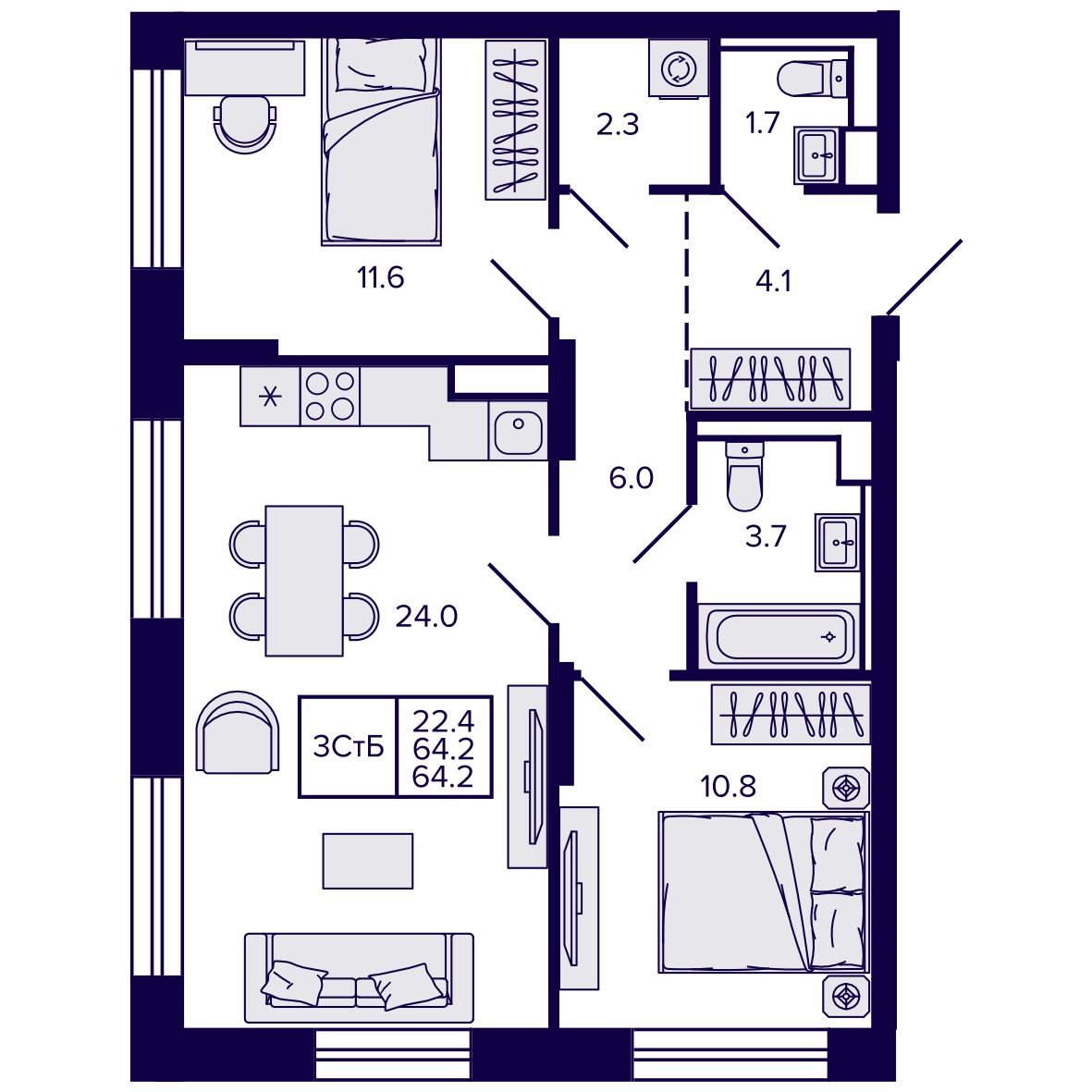 3-комнатная, 64.23 м², № 111 в Сподвижники