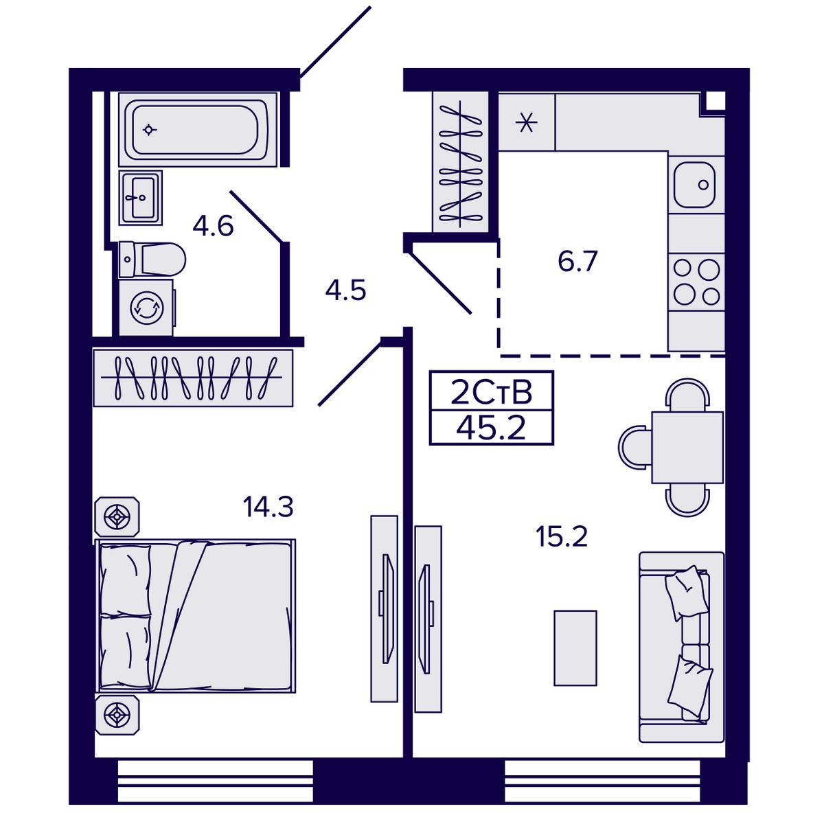 2-комнатная, 45.24 м², № 138 в Сподвижники