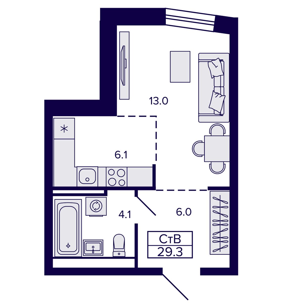Студия, 29.26 м², № 168 в Сподвижники