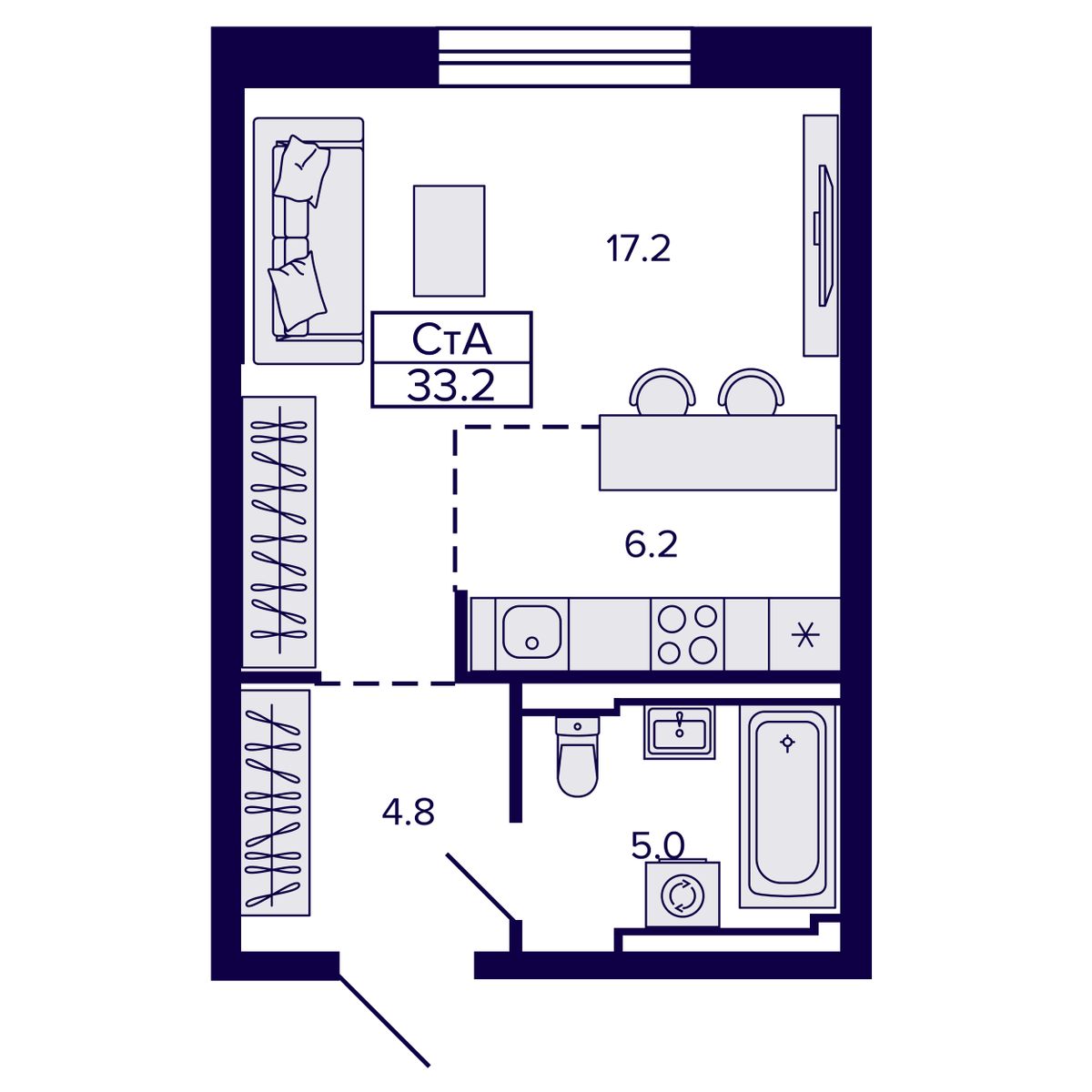 Студия, 33.18 м², № 47 в Сподвижники
