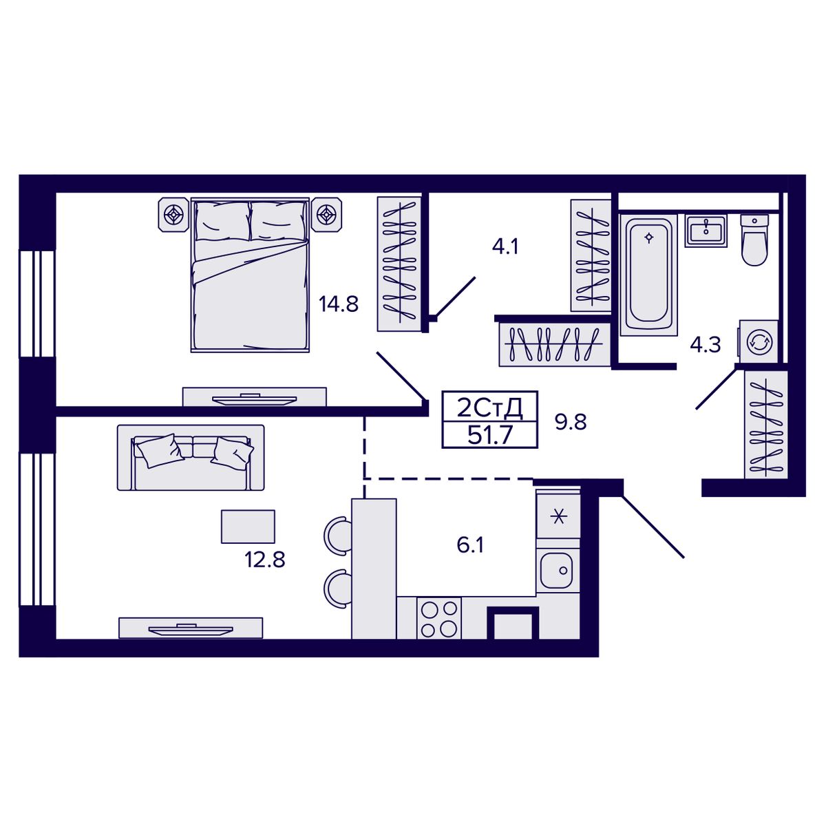 2-комнатная, 51.7 м², № 140 в Сподвижники