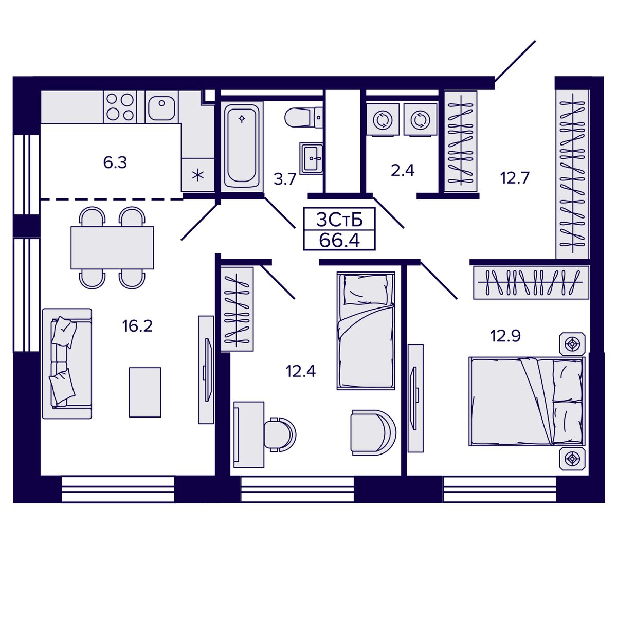 3-комнатная, 66.43 м², № 115 в Сподвижники