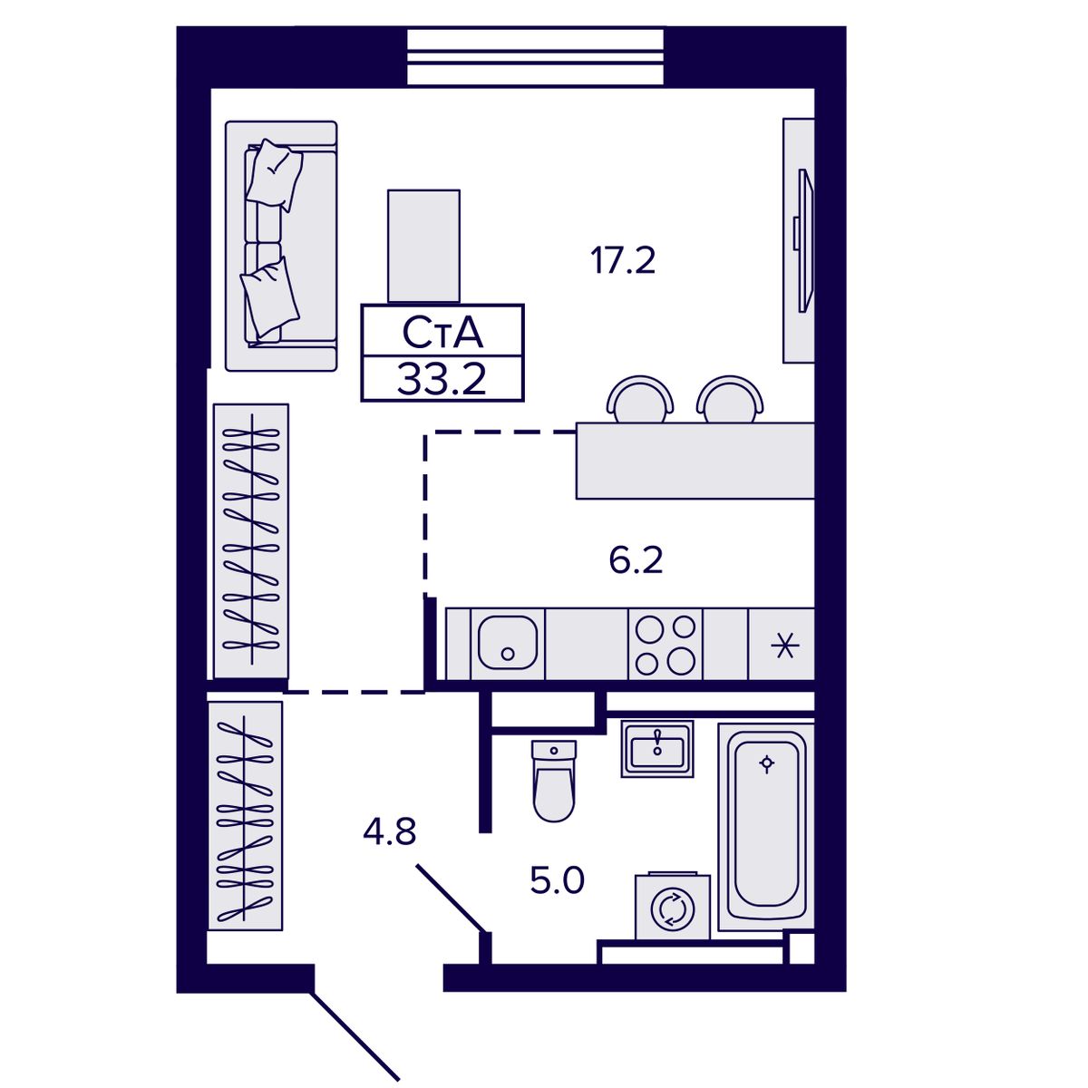 Студия, 33.19 м², № 167 в Сподвижники