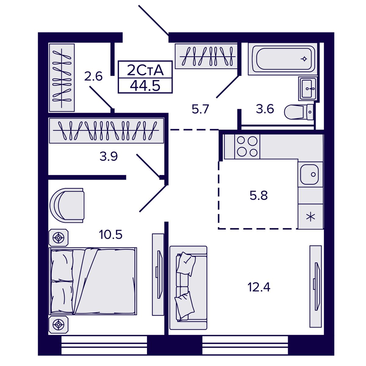 2-комнатная, 44.47 м², № 172 в Сподвижники