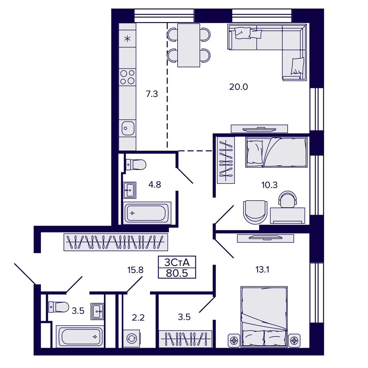 3-комнатная, 80.49 м², № 50 в Сподвижники
