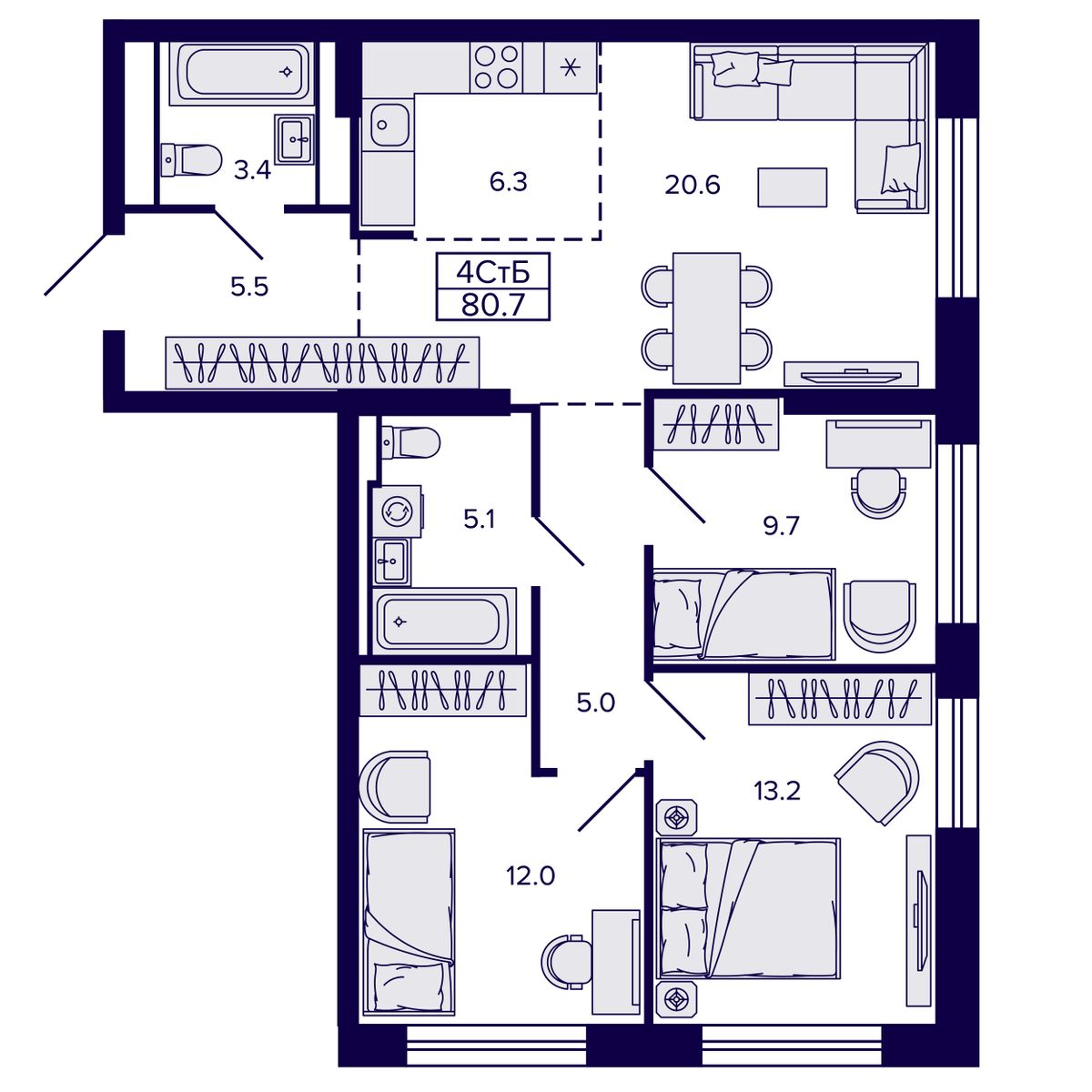 4-комнатная, 80.71 м², № 135 в Сподвижники